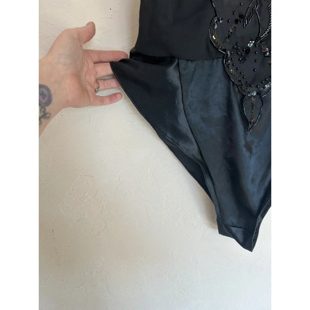Vintage 80s Mara Black Sheer Satin Beaded‎ Teddy High Cut L Sequin Lingerie